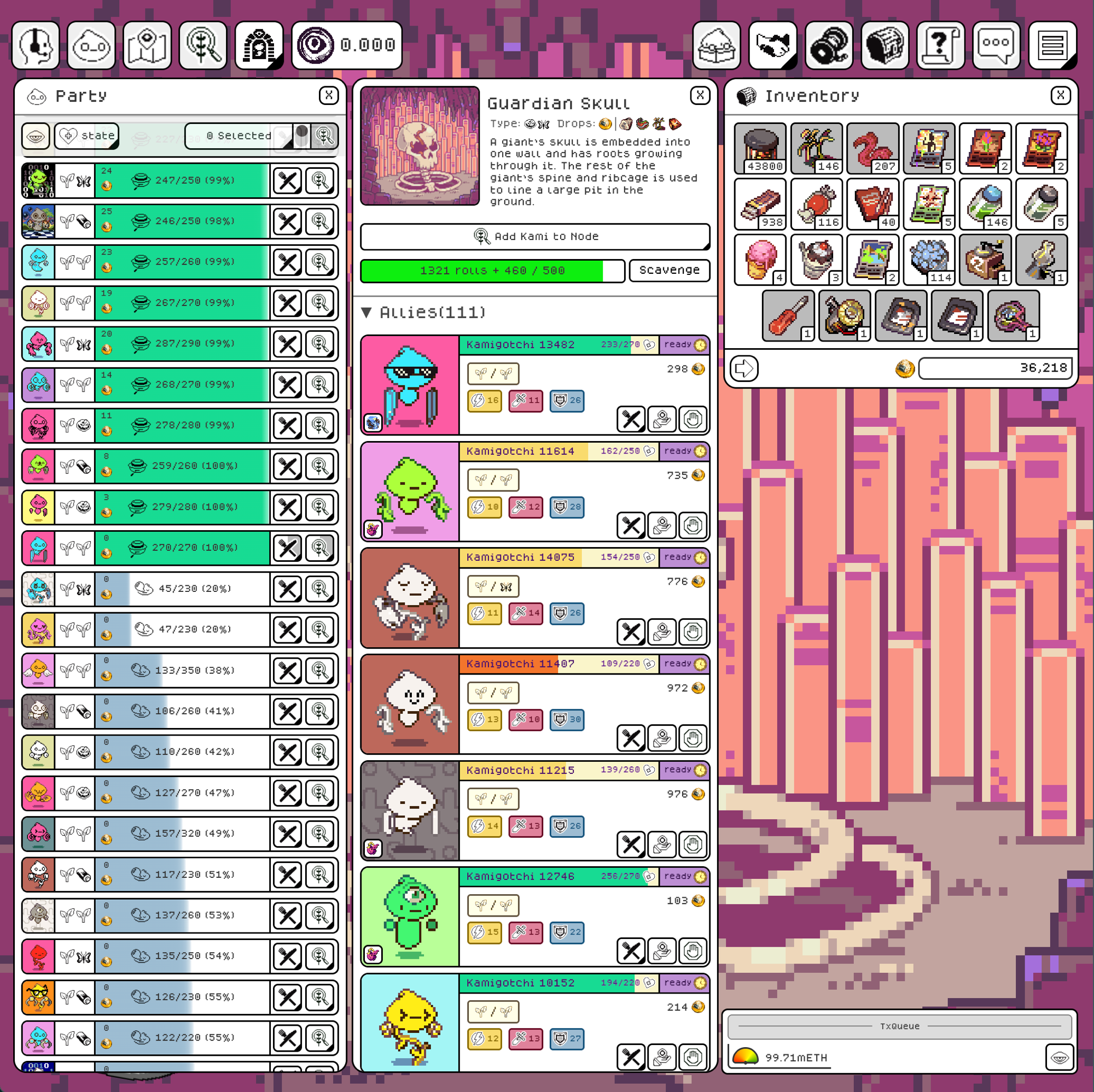 A working session in Kamigotchi: a party of Kamis harvesting at a node — health bars, yields, affinities — the node's description and scavenge progress, and an inventory of items, all inside the pixel-art world.
